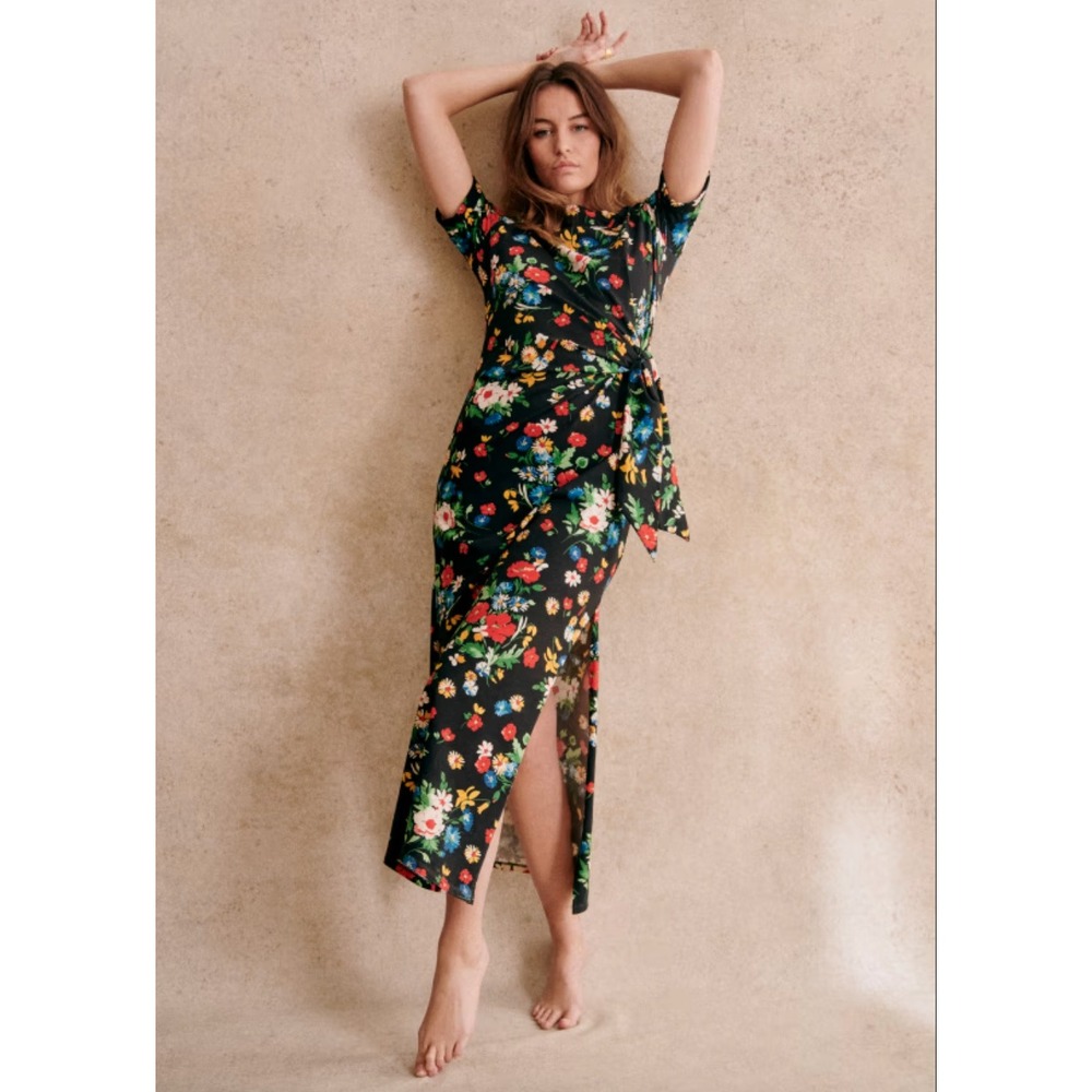 Sezane Pippa Dress in Multicolour Cottagecore Botanical Floral Midi Black Small